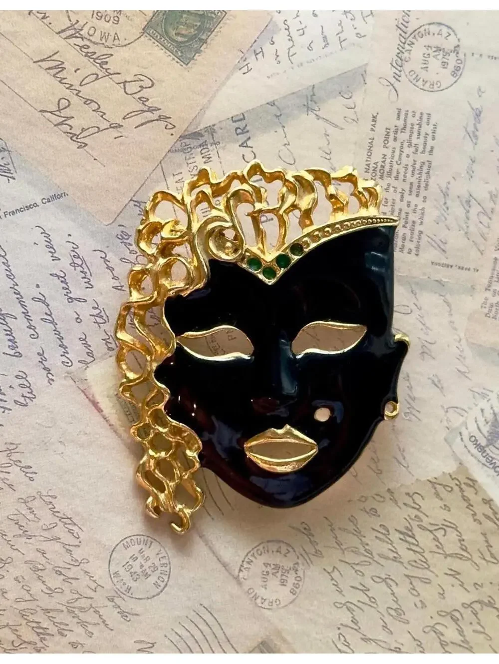 Vintage Black Enamel Mask Brooch Gold Tone Venetian Style Statement Pin